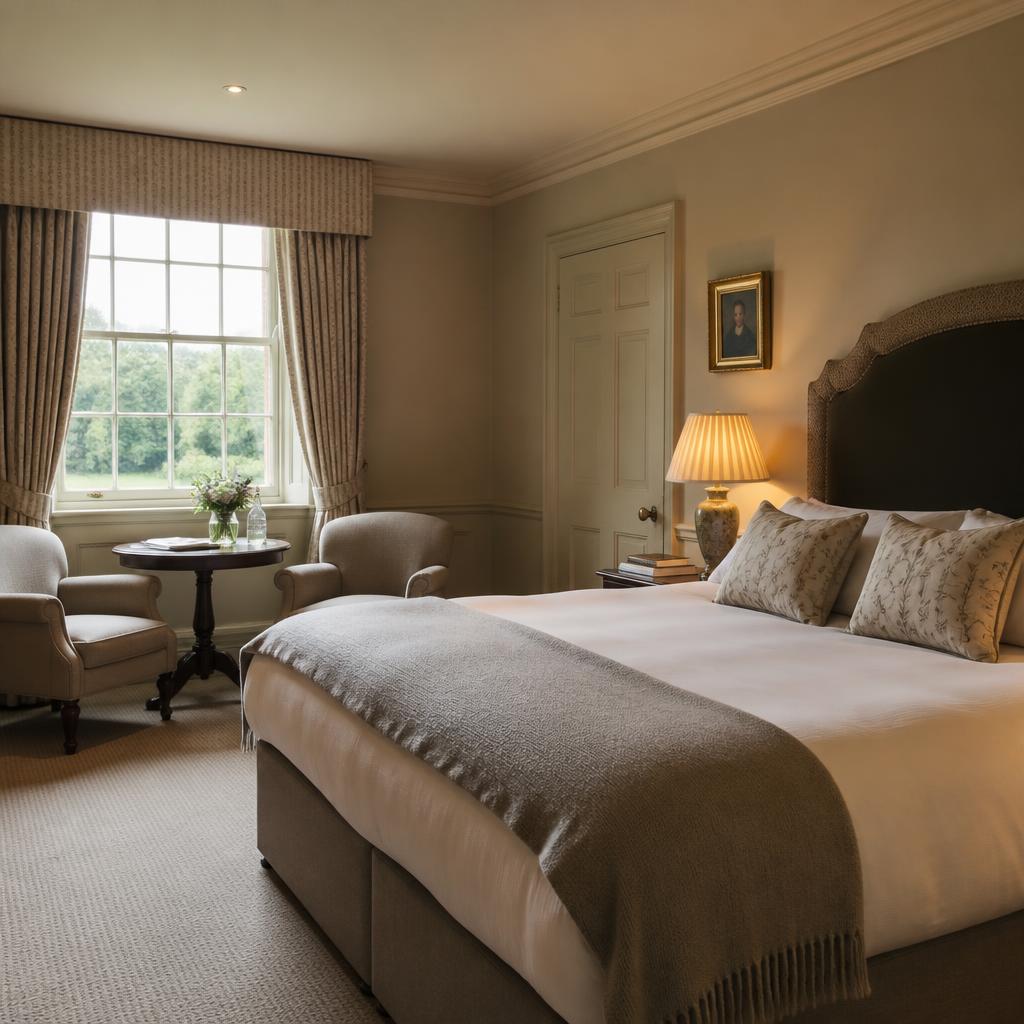 Boutique country inn bedroom with warm lamp lighting