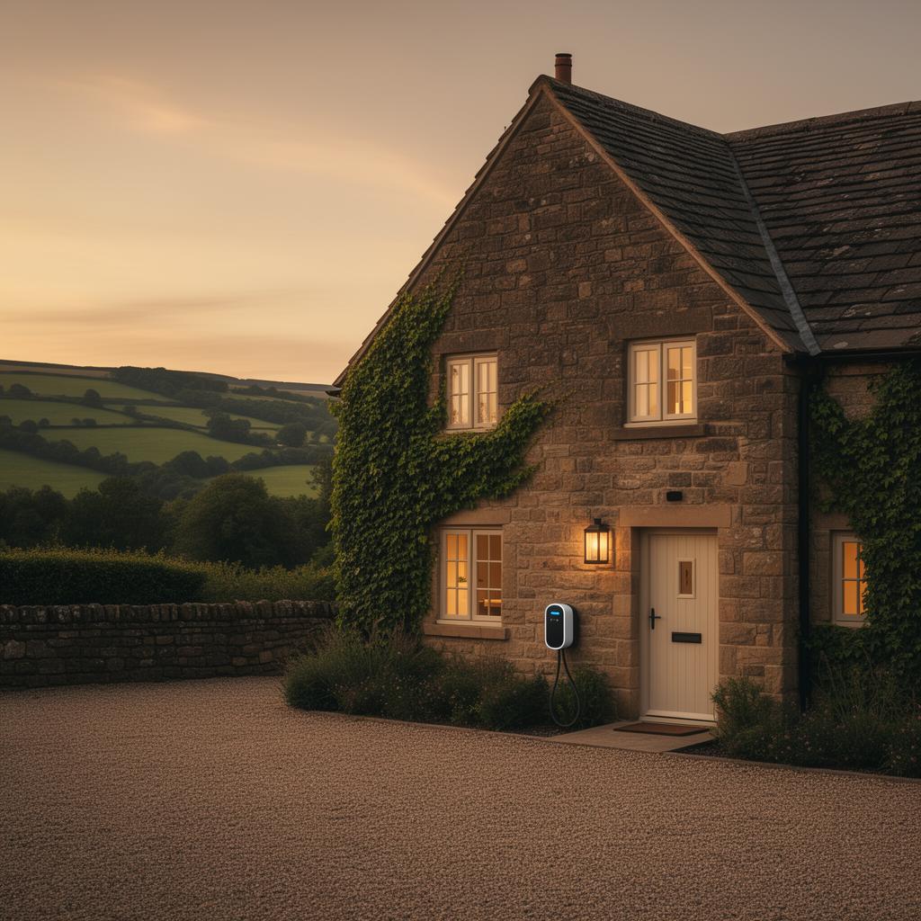 Peak District stone holiday cottage at golden hour with a wall-mounted EV charger by the door